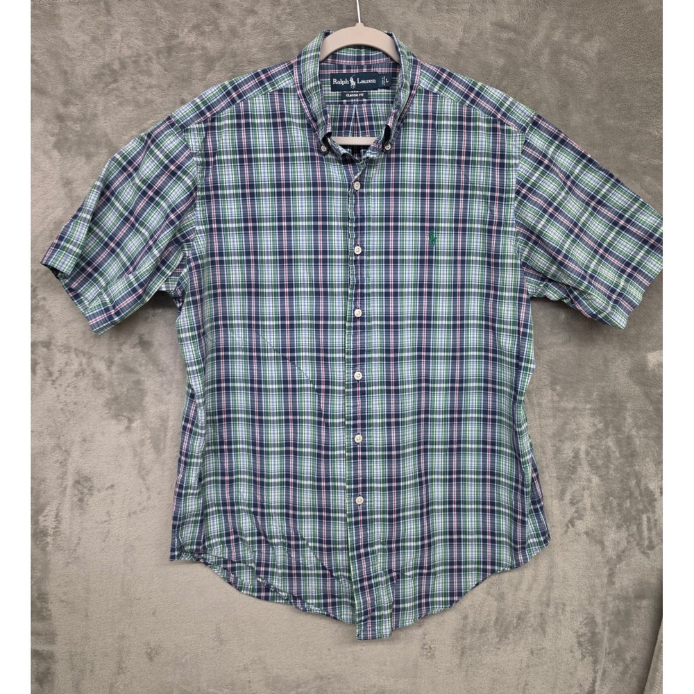 Ralph Lauren Classic Fit Plaid Short Sleeve Button Down Shirt Blue Green Mens L